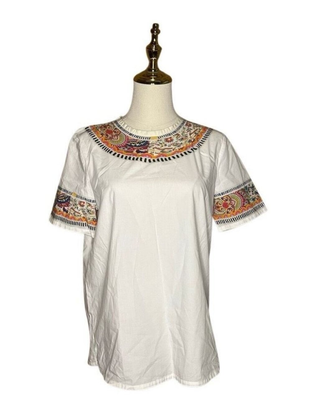 NWOT Etro White Short Sleeve Printed Shirt Top Size 40 Round Neck Cotton Boho